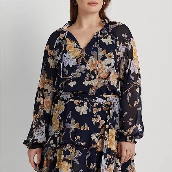 Lauren Ralph Lauren Floral Belted Crinkle Georgette Dress, Plus Size 22W NWT